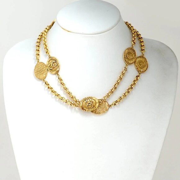 CHANEL CC Logos PARIS Sun Oval Coin Necklace 35" Gold Tone 28 Auth w/Box #792-3 - Picture 2 of 7